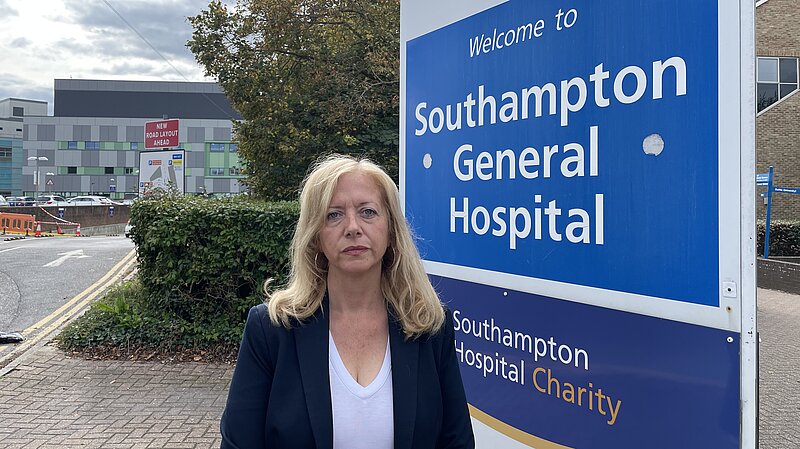 Liz Jarvis outside Southampton General Hospital