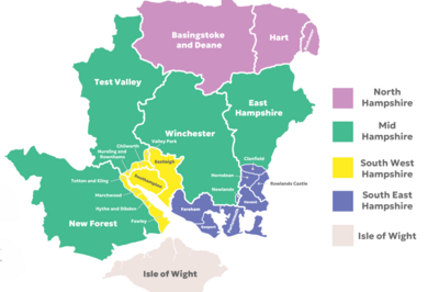 A map showing the location and constituent parts of the new authority. South West Hmapshire includes all of the existing Eastleigh and Southampton councils, plus ~Chilworth, Nurlsing and Rownhams from Test Valley, and Totton, Eling, Marchwood, Hythe, Dibden and Fawley from New Forest.